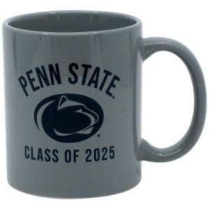 gray ceramic mug with Penn State arched above Athletic Logo and Class of 2025